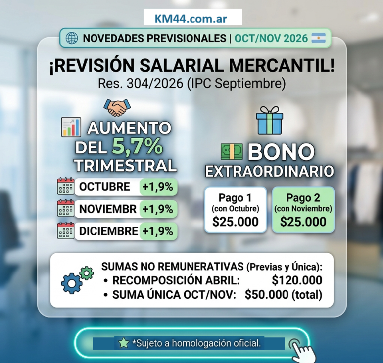 Empleados de Comercio. Aumento Salarial octubre 2026.-